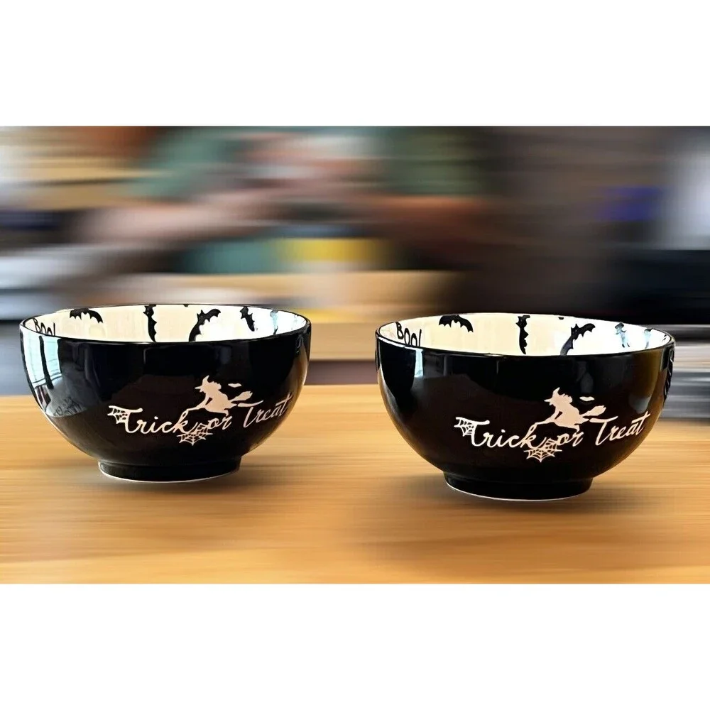 TRICK OR TREAT Flying Witch Mini Bowls W Flying Bats & BOO Inside (2) Halloween